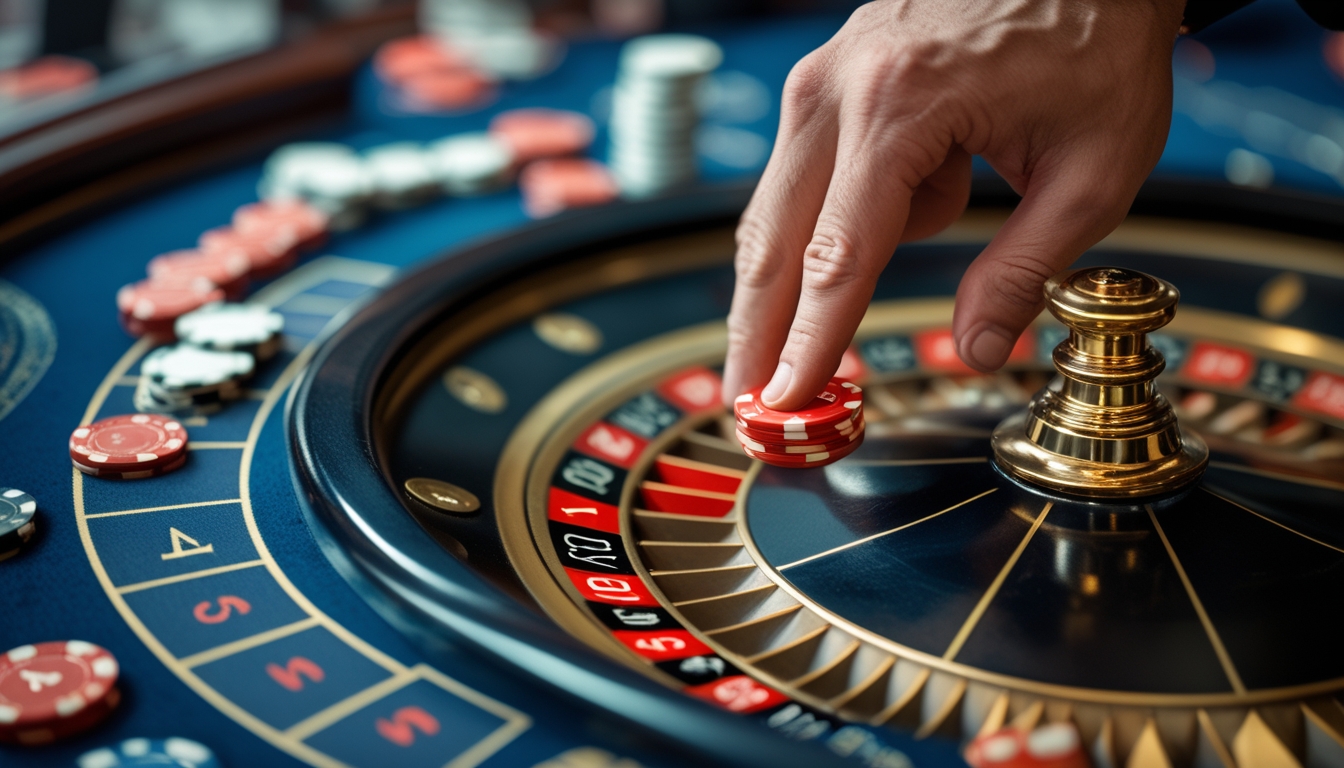 Meja roulette dengan roda roulette dan tangan pemain yang sedang meletakkan chip taruhan.