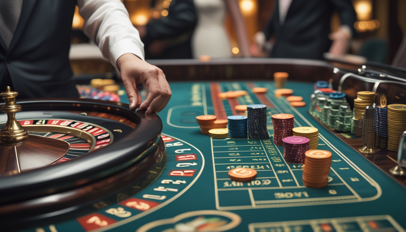 Meja roulette dengan roda berputar dan tumpukan chip taruhan, tangan pemain sedang meletakkan chip di meja kasino.