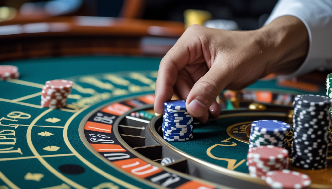 Tangan pemain menaruh chip di meja roulette dengan roda roulette berputar di latar belakang.