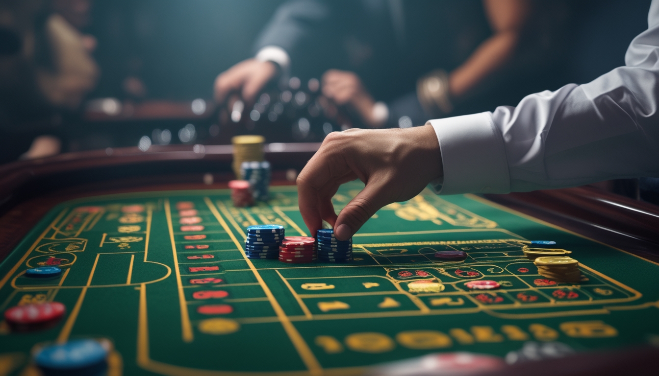 Meja roulette kasino dengan tangan pemain menaruh chip, roda roulette berputar, dan suasana tegang di sekitar meja.