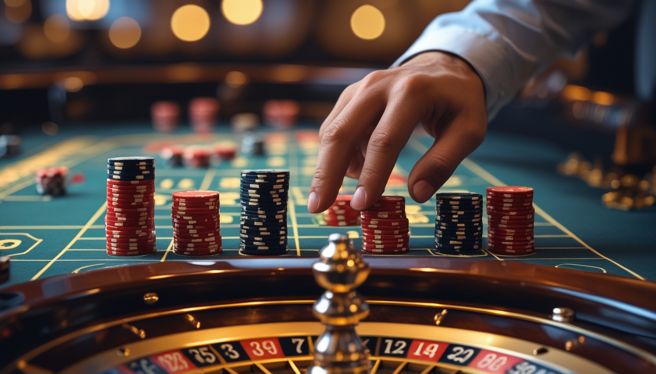 Tangan pemain meletakkan chip di meja roulette dengan tumpukan chip yang meningkat, suasana kasino di latar belakang.