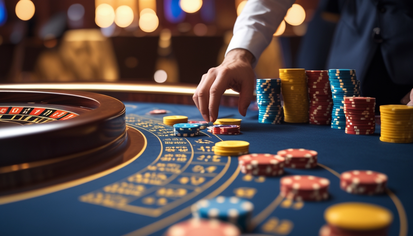 Meja roulette kasino dengan tumpukan chip dan tangan yang sedang memasang taruhan.