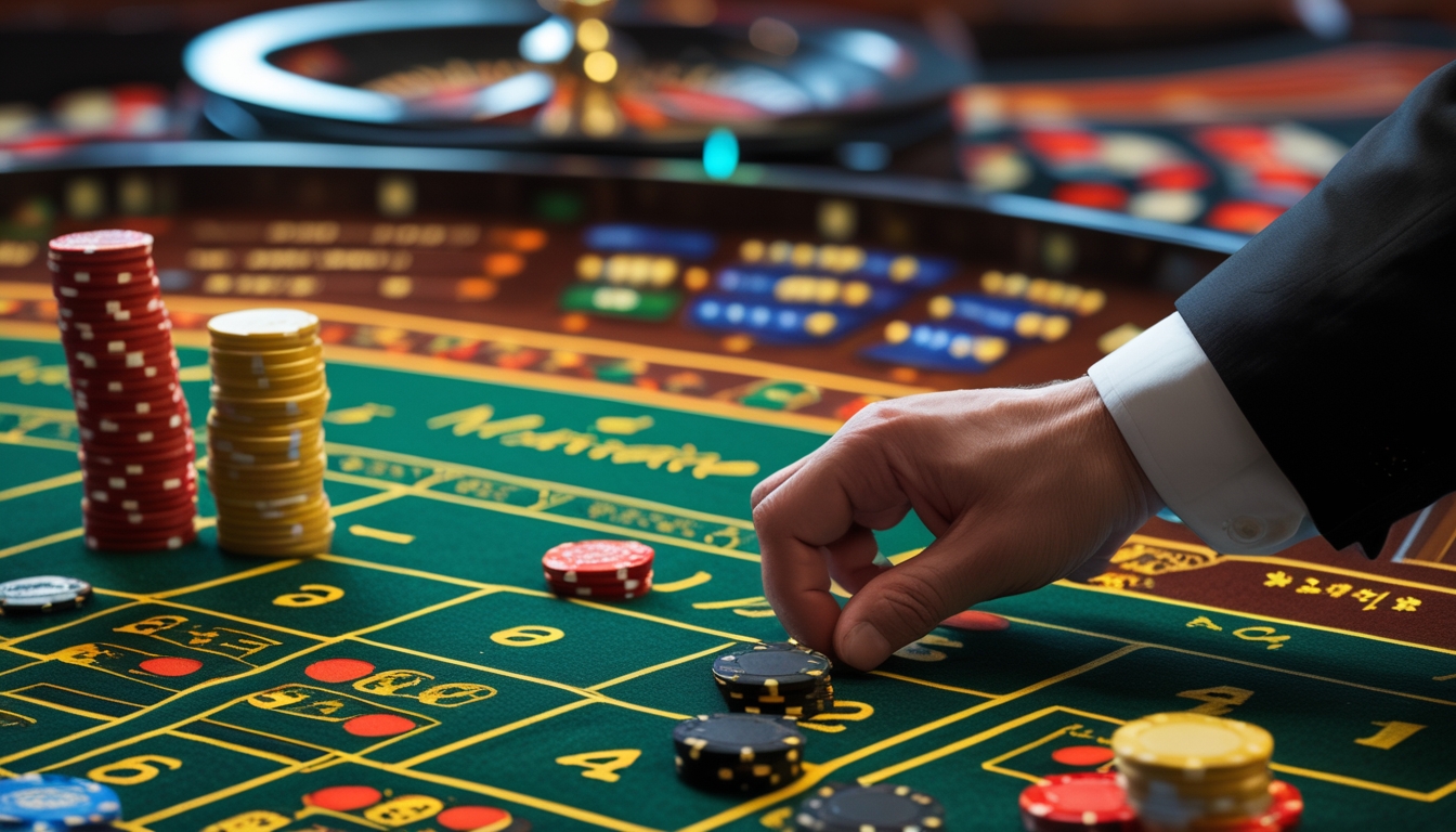 Meja roulette kasino dengan tumpukan chip dan roda roulette yang sedang berputar.