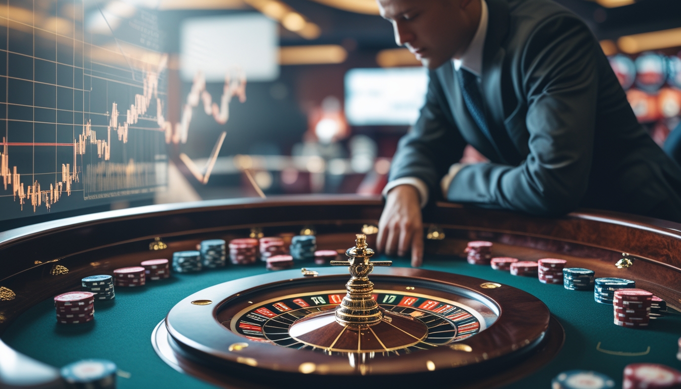 Meja roulette di kasino dengan roda roulette dan tumpukan chip taruhan, seorang pria berpakaian rapi sedang memperhatikan roda dengan serius, latar belakang menampilkan grafik keuangan samar.