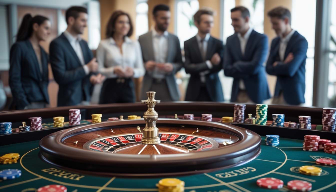 Meja roulette dengan bola putih berputar dan tumpukan chip kasino, dikelilingi oleh beberapa orang yang sedang berdiskusi dan mengamati permainan.