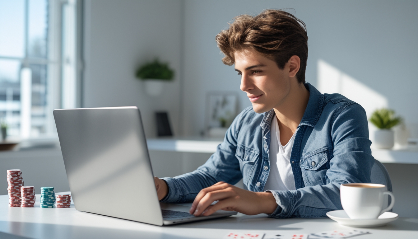 Seorang dewasa muda duduk di meja modern menggunakan laptop untuk bermain poker online di ruangan terang dengan dekorasi minimalis.