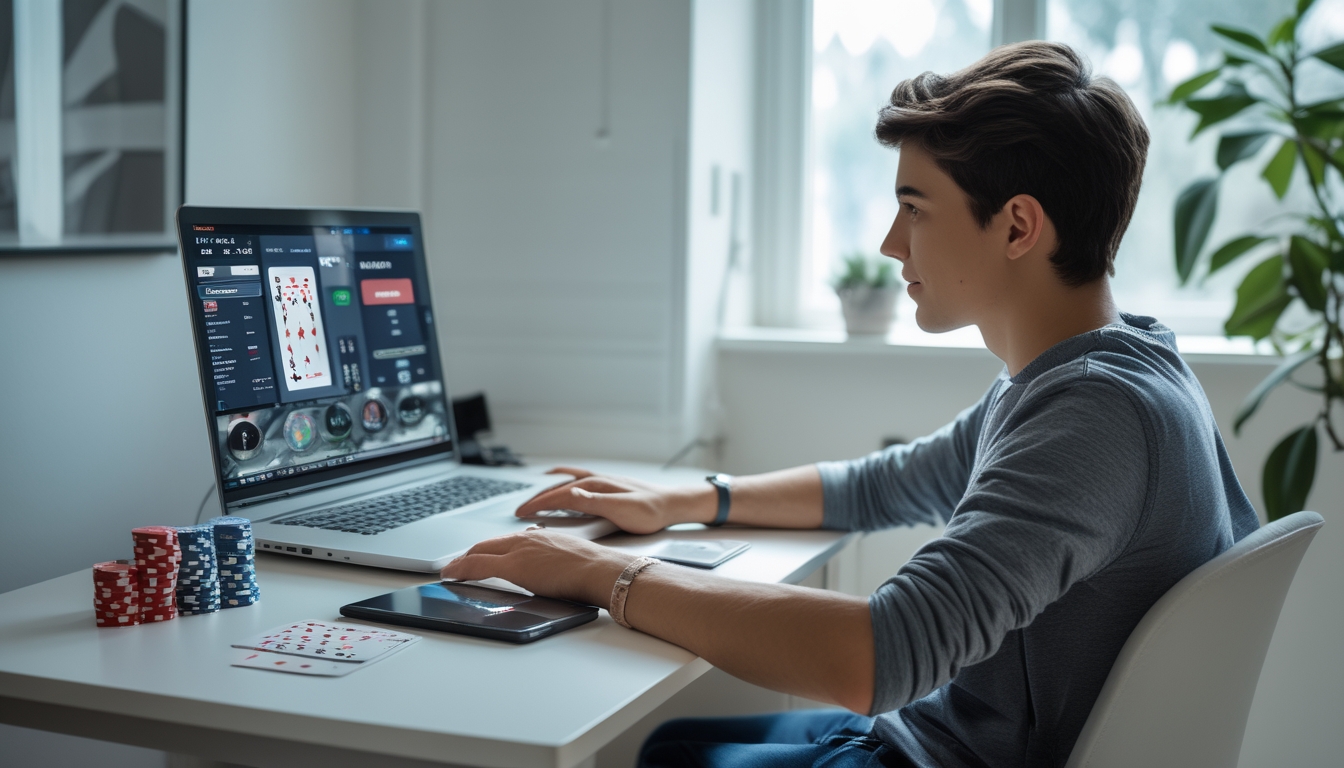 Seorang dewasa muda duduk di meja dengan laptop, melihat layar permainan poker online dengan chip dan kartu di dekatnya.