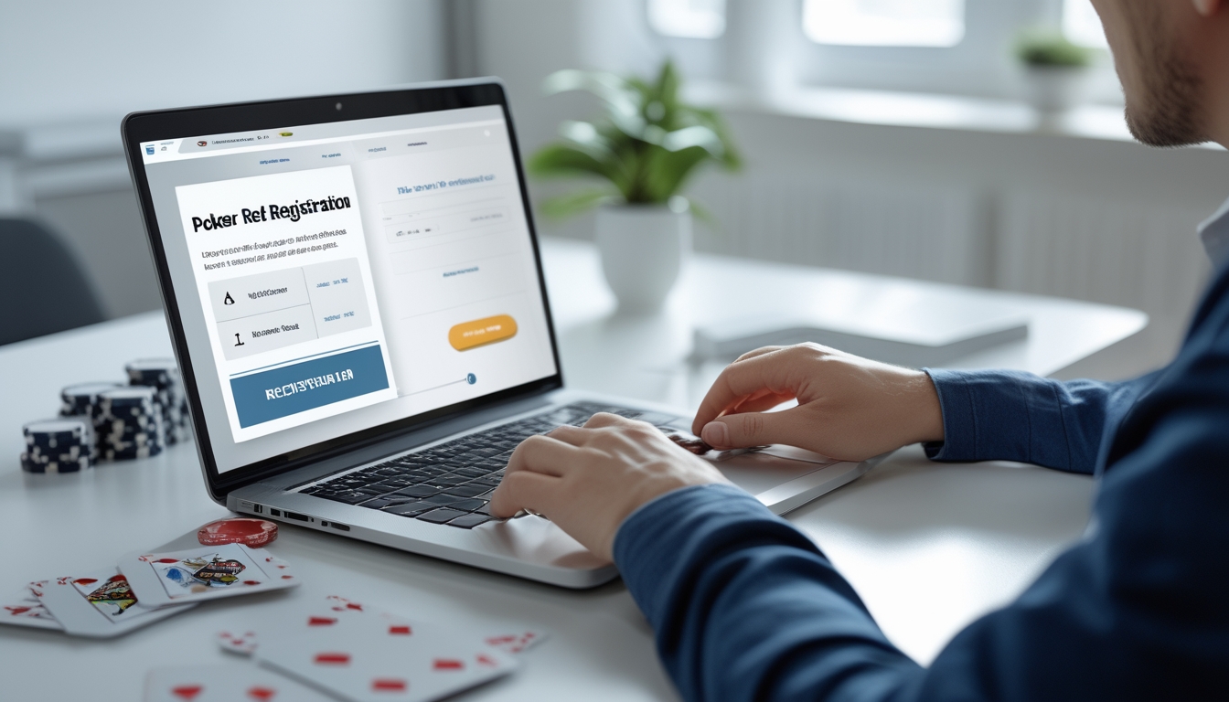 Meja kerja modern dengan laptop yang menampilkan halaman pendaftaran poker online, tangan seseorang sedang mengetik, dan beberapa chip poker serta kartu bermain di atas meja.