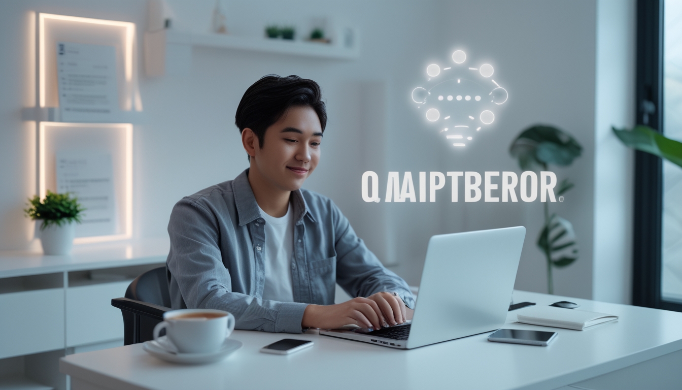 Seorang pemuda Indonesia duduk di meja dengan laptop, tampak fokus dan santai saat mendaftar poker online di rumah.