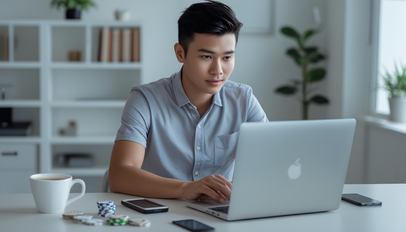 Seorang pria muda Indonesia duduk di meja dengan laptop terbuka menampilkan permainan poker online, di ruang kerja rumah yang rapi dan terang.