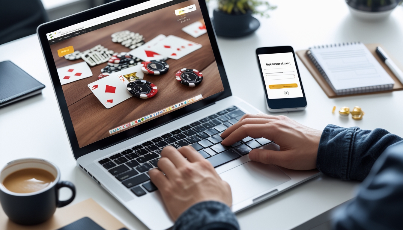 Meja kerja dengan laptop menampilkan situs poker online, tangan mengetik di keyboard, dan ponsel dengan formulir pendaftaran sederhana di sampingnya.