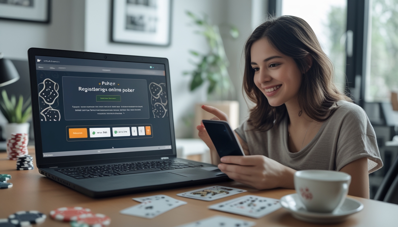 Seorang pemain muda sedang mendaftar poker online dengan cepat menggunakan laptop di ruang tamu yang nyaman.
