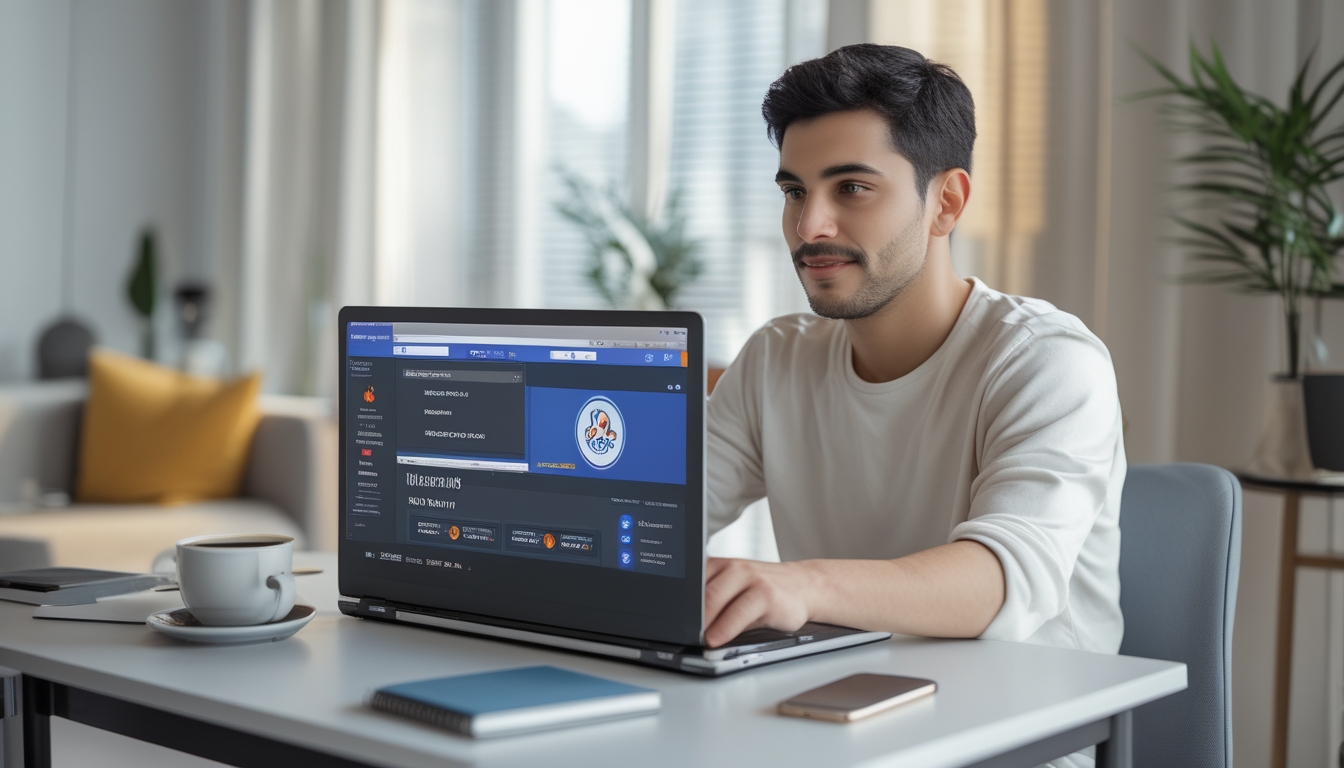 Seorang pria muda duduk di meja dengan laptop, fokus pada layar yang menampilkan permainan poker online, di ruangan yang terang dan rapi.