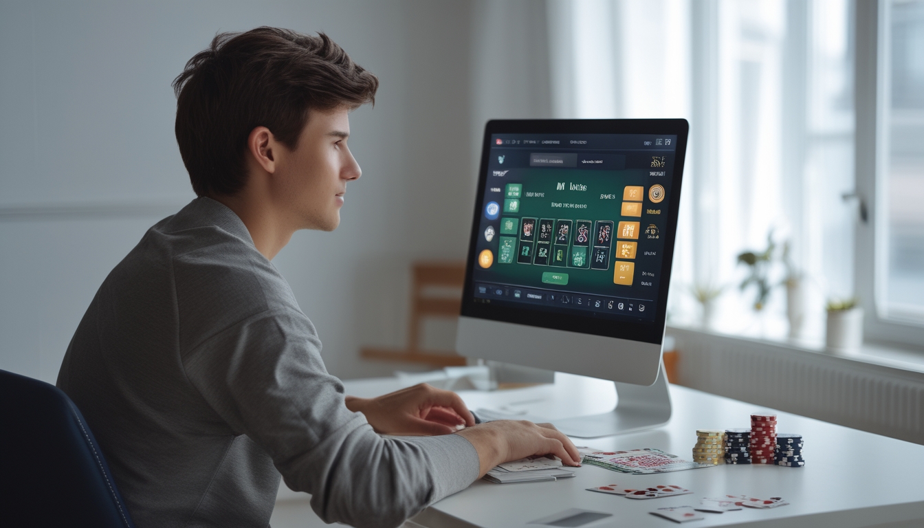 Seorang pria muda duduk di depan laptop dengan tampilan permainan poker online di layar, di meja yang rapi dengan kartu dan chip poker di sampingnya.