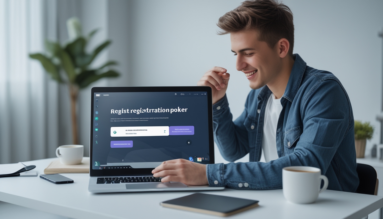 Seorang dewasa muda duduk di meja dengan laptop terbuka, mendaftar akun poker online dengan ekspresi senang dan fokus.