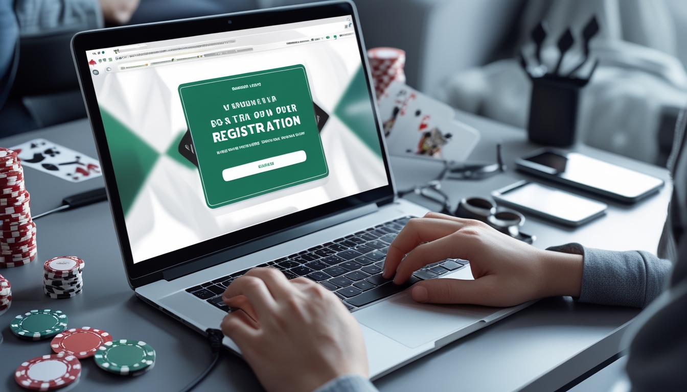 Seseorang menggunakan laptop di meja kerja dengan chip poker dan kartu remi di sekitar, menunjukkan proses pendaftaran poker online yang mudah.
