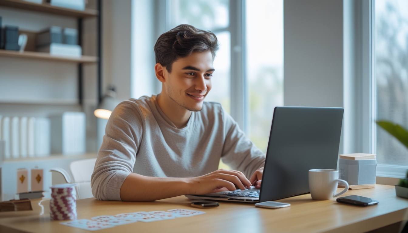 Seorang dewasa muda duduk di meja dengan laptop terbuka, fokus mendaftar poker online, di ruangan beranda yang rapi dengan kartu dan chip poker di sekitar.