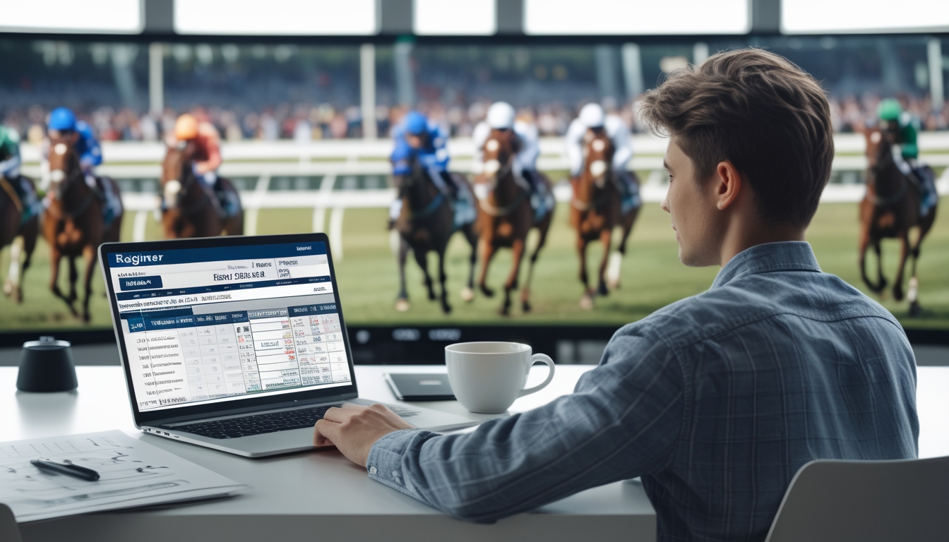 Seorang pemula sedang belajar membaca odds pacuan kuda di depan laptop dengan layar menampilkan statistik dan balapan kuda di latar belakang.