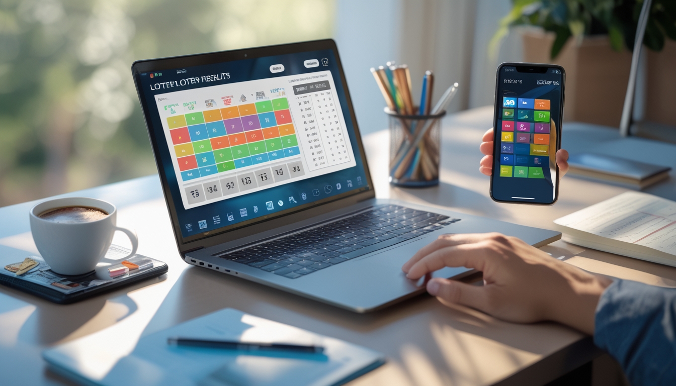 Meja kerja modern dengan laptop dan ponsel yang menampilkan data angka togel, ditemani secangkir kopi dan alat tulis.