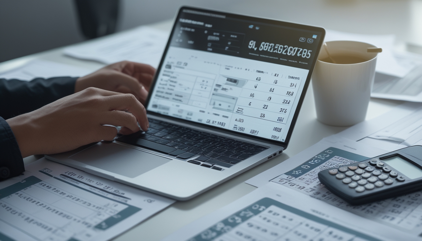 Meja kerja dengan laptop, ponsel, dan tangan seseorang yang sedang memeriksa hasil togel dengan alat tulis dan kalkulator.