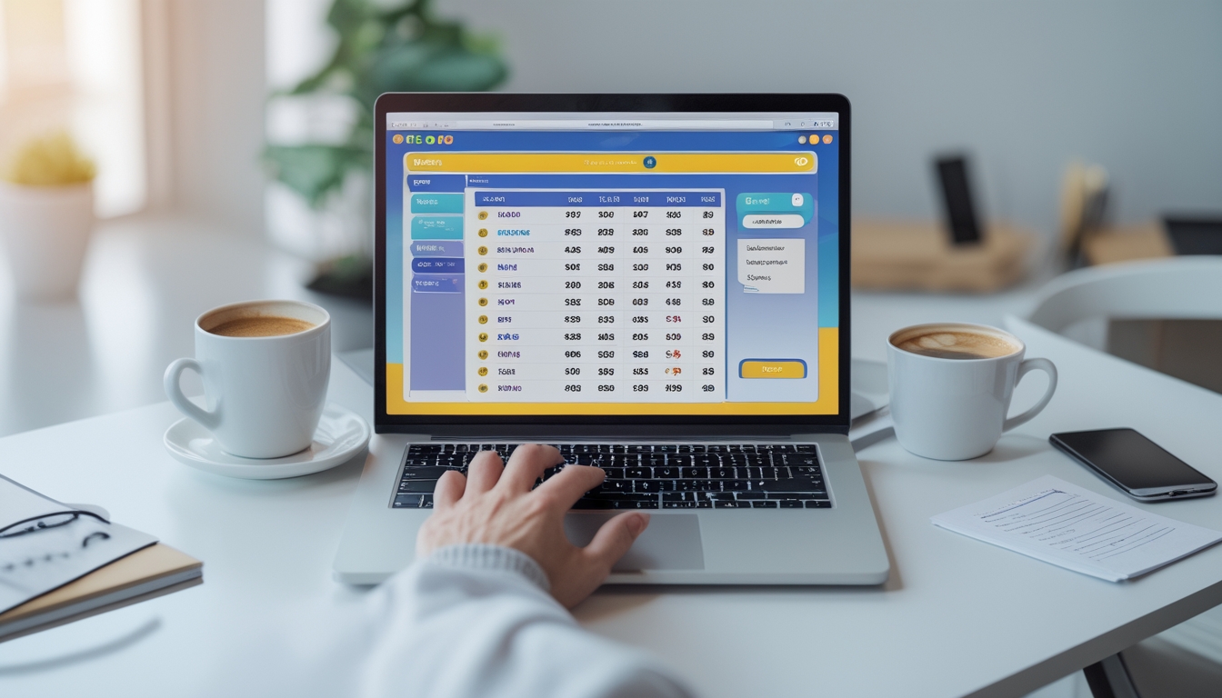 Seseorang menggunakan laptop di meja kerja untuk mengecek hasil togel online dengan tampilan angka 4D, 3D, dan 2D.