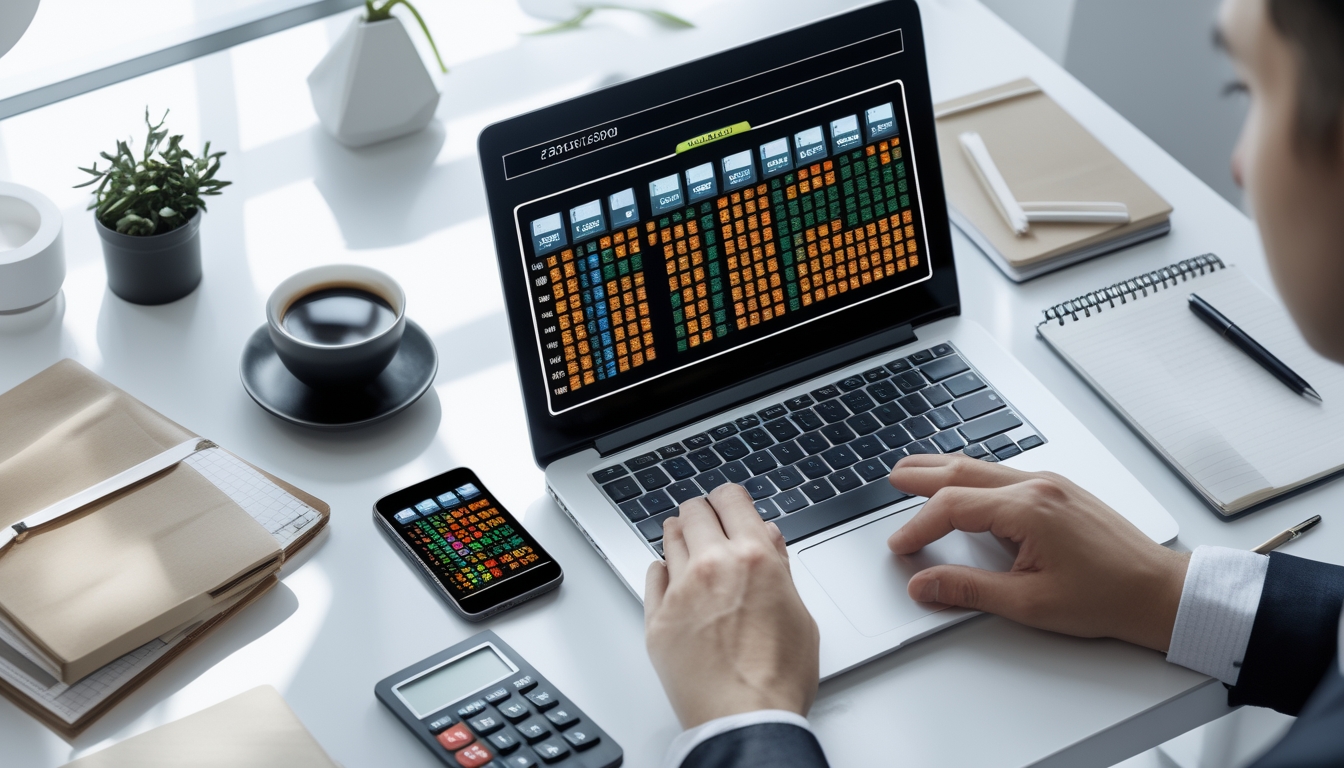 Meja kerja dengan laptop dan ponsel yang menampilkan hasil togel, tangan orang sedang berinteraksi dengan perangkat, suasana rapi dan teratur.