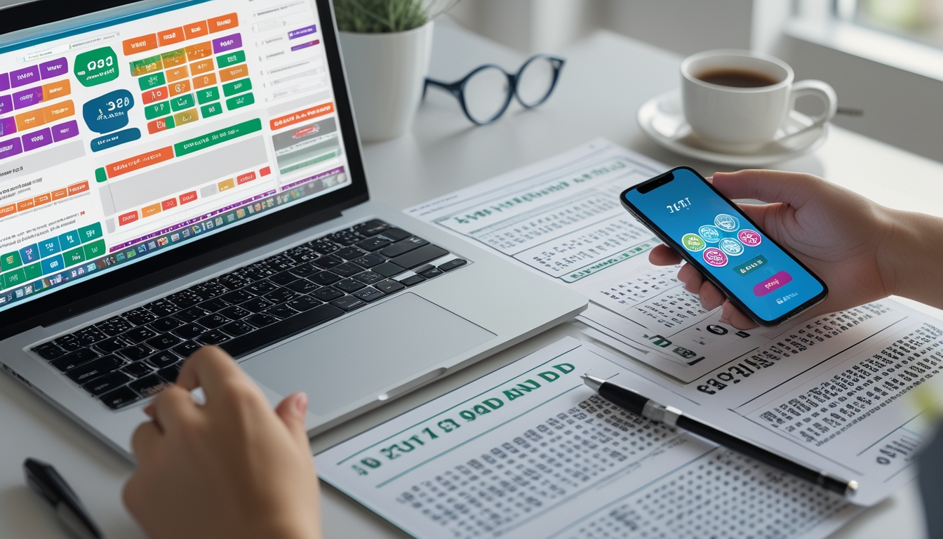 Sebuah meja kerja dengan laptop, ponsel, dan tangan yang memegang pena di atas daftar angka togel, menunjukkan proses pengecekan hasil togel 4D, 3D, dan 2D.