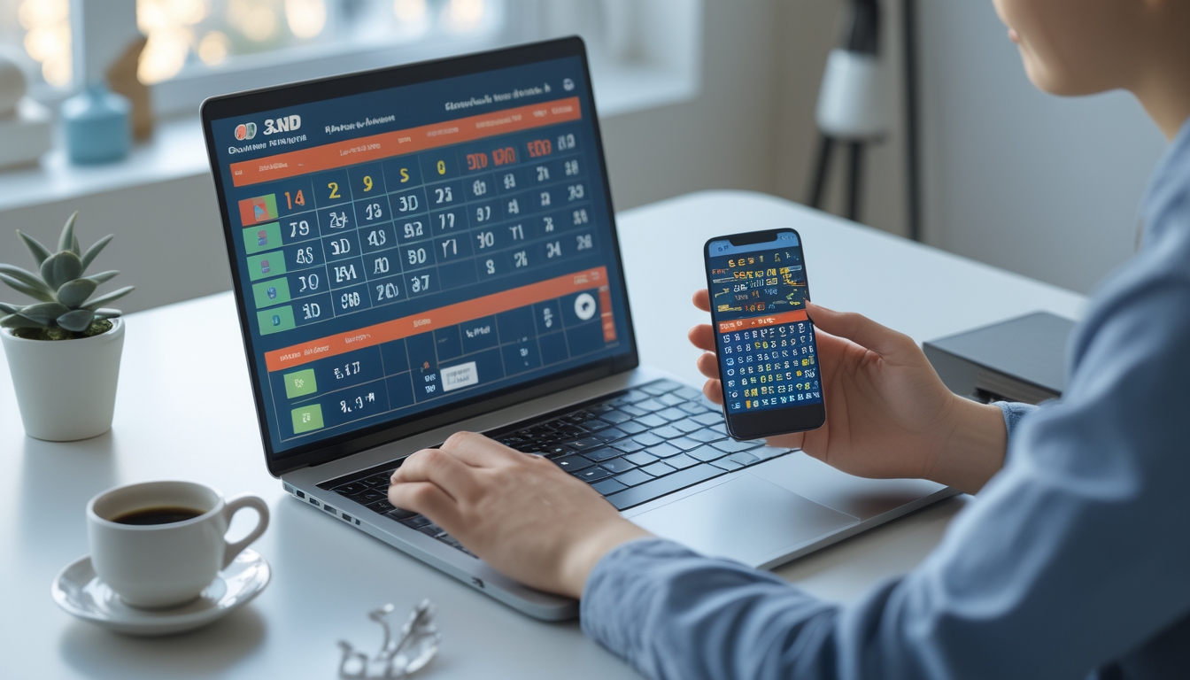 Seseorang menggunakan laptop dan ponsel pintar di meja kerja untuk memeriksa hasil togel secara online.