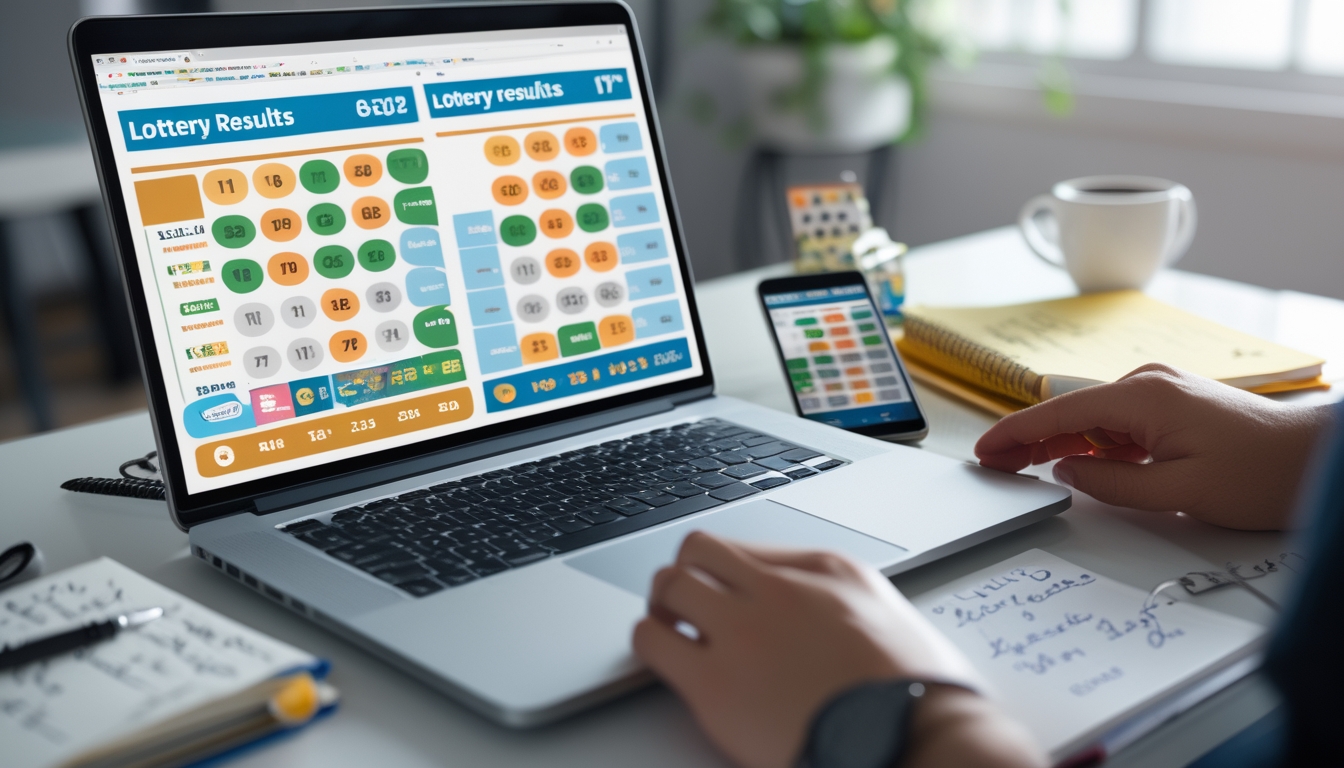 Meja kerja dengan laptop dan ponsel yang menampilkan hasil togel, disertai catatan dan kopi.