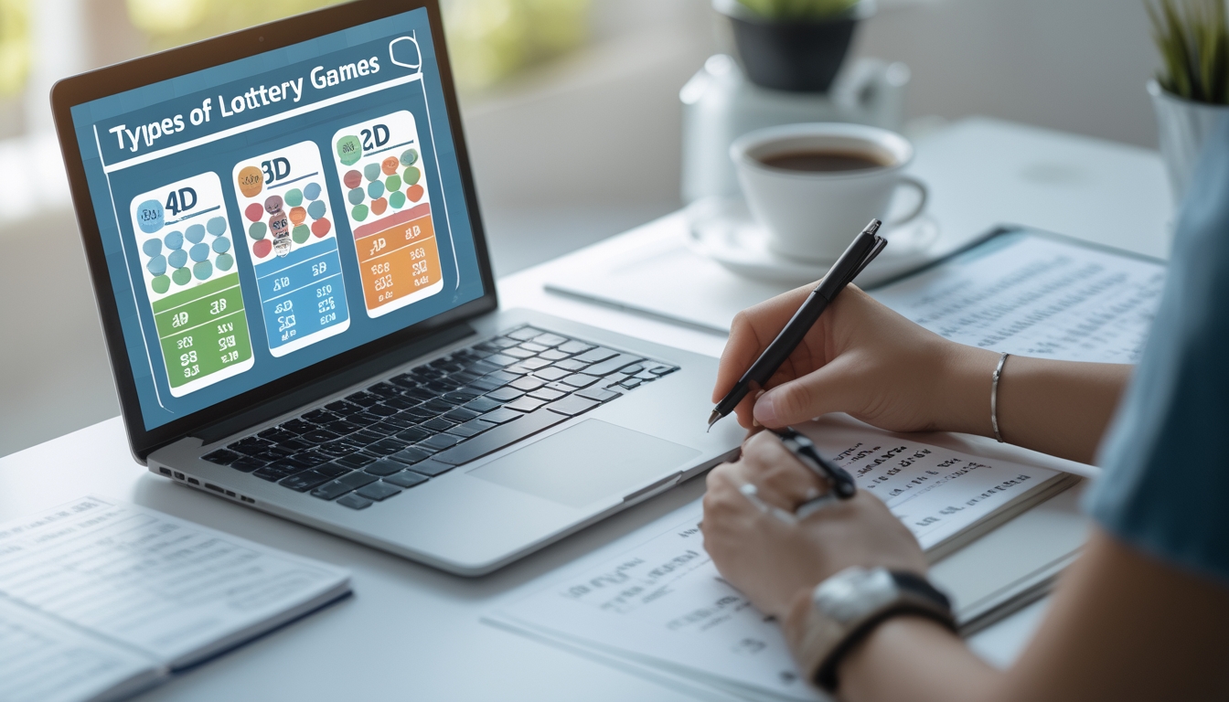 Meja kerja dengan laptop yang menampilkan data angka togel dan tangan seseorang menunjuk layar, menunjukkan suasana belajar tentang jenis permainan togel.