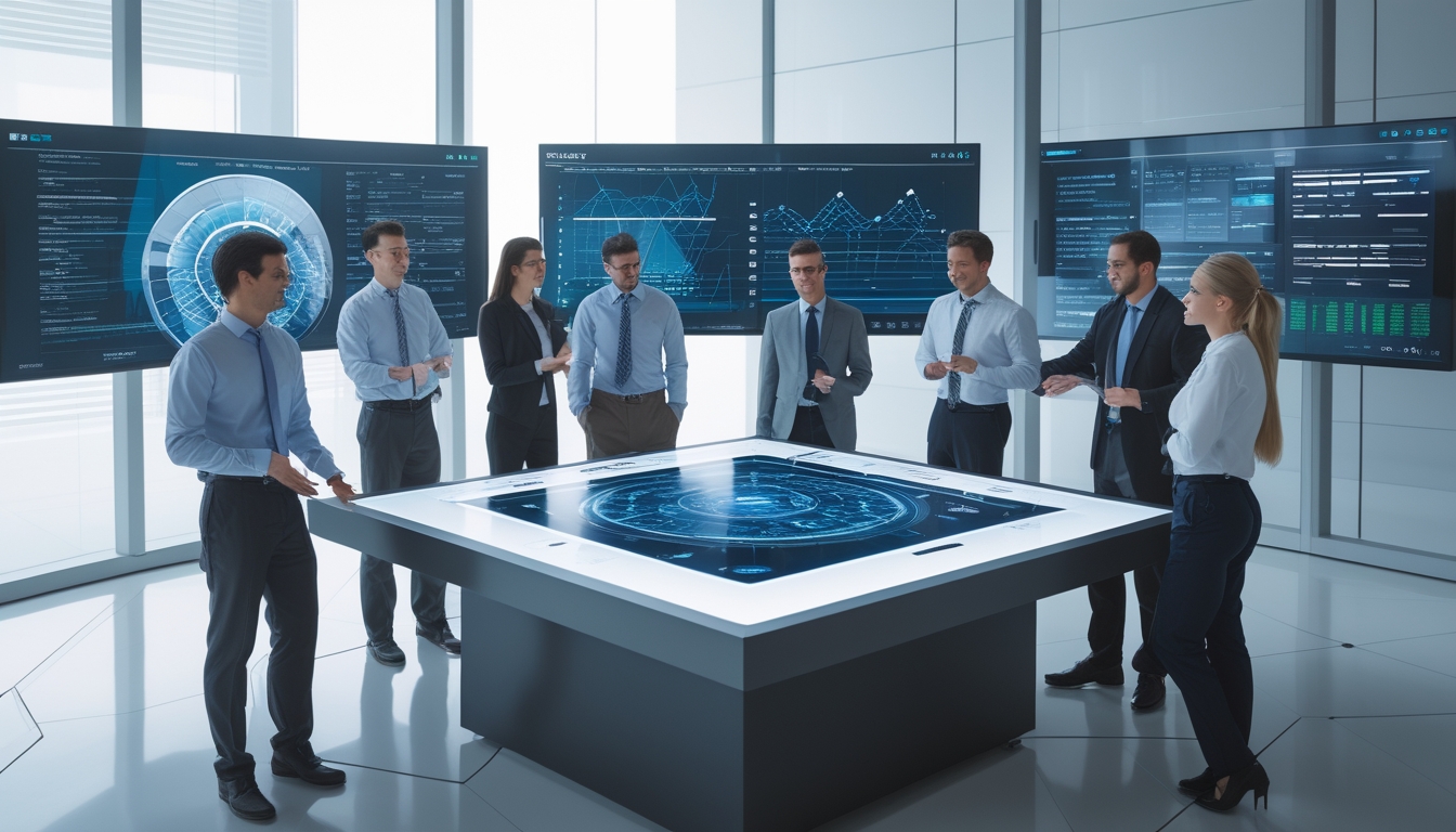 Sekelompok profesional bekerja bersama di kantor modern dengan layar digital besar yang menampilkan grafik dan data real-time.