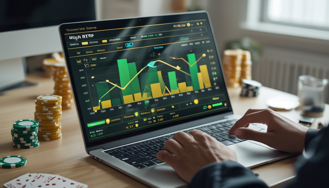 Tangan seseorang menggunakan komputer dengan tampilan grafik kemenangan dan elemen permainan online di meja kerja yang rapi.
