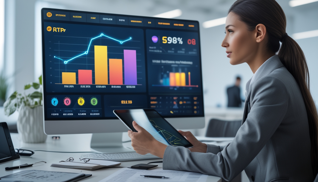 Seorang wanita profesional sedang menganalisis statistik permainan slot online di depan komputer di ruang kantor modern.