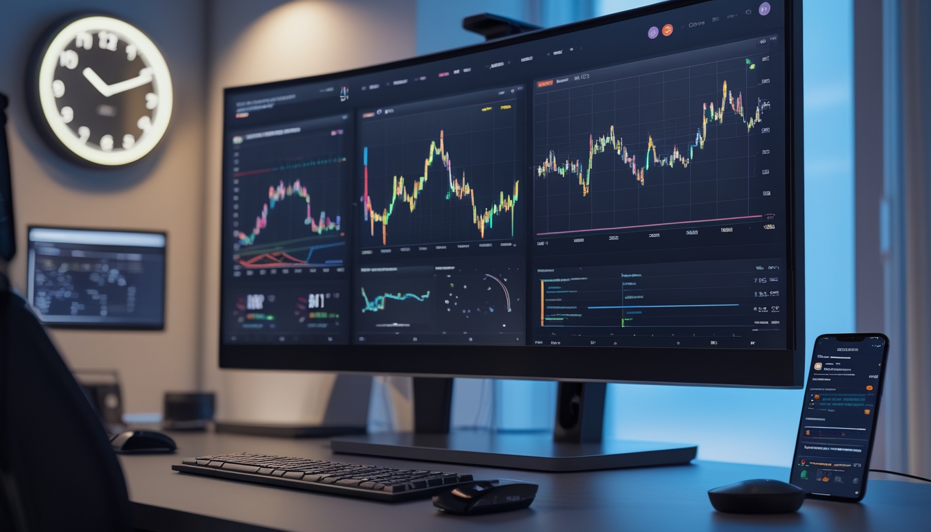 Sebuah ruang kerja modern dengan komputer dan ponsel yang menampilkan grafik data waktu nyata di malam hari.