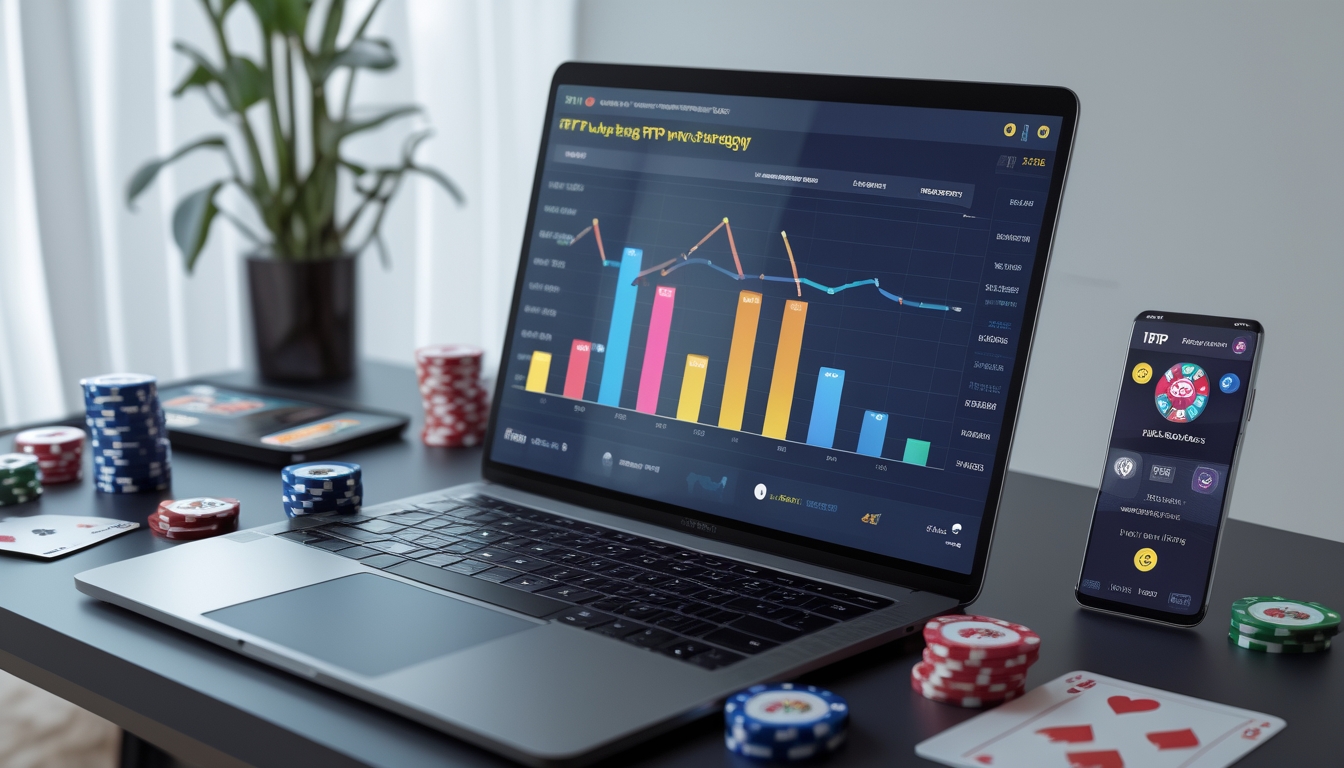 Sebuah ruang kerja modern dengan laptop yang menampilkan grafik RTP dan peralatan permainan seperti kartu dan chip poker di sekitarnya.
