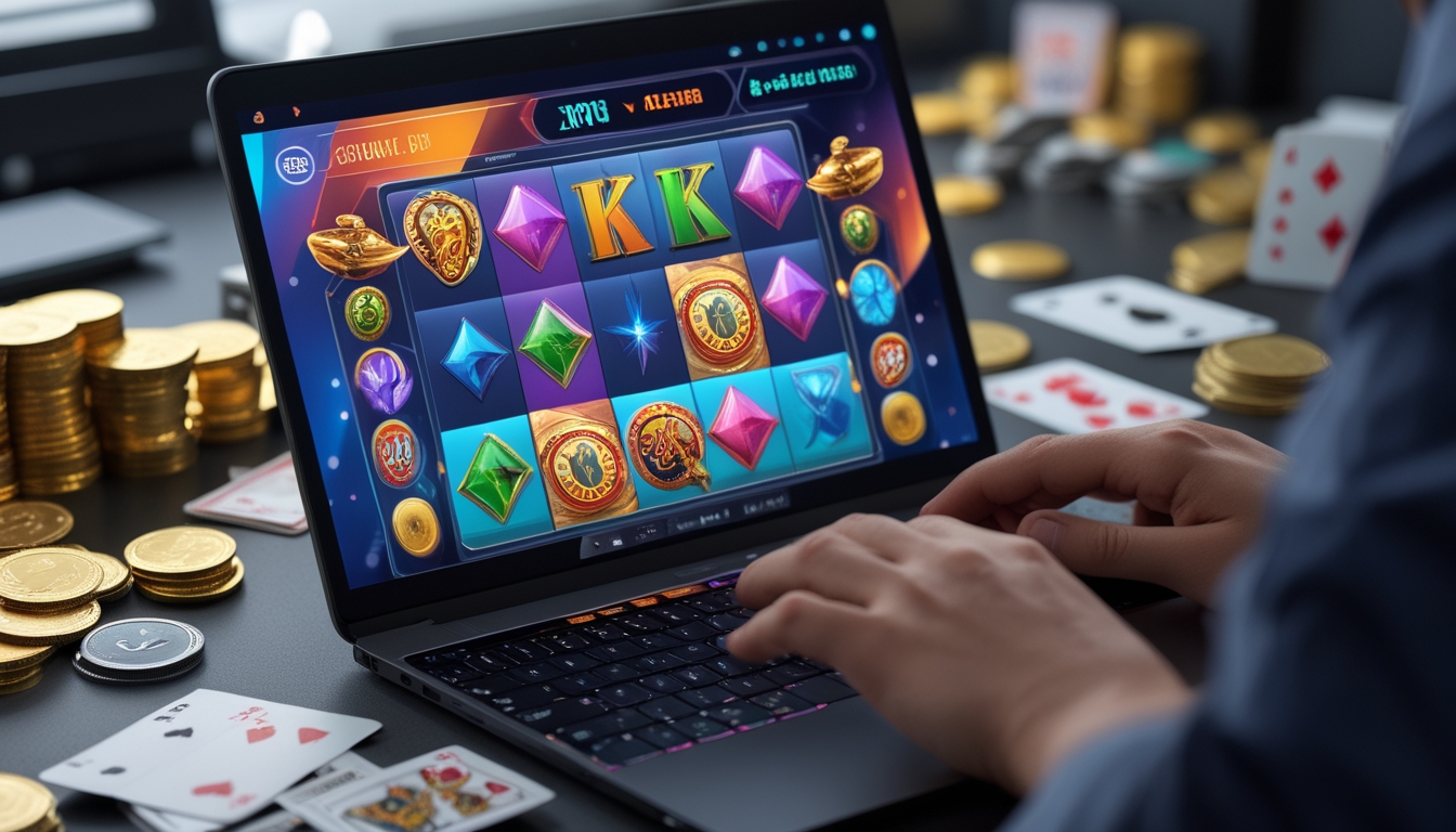 Seorang pemain sedang menggunakan laptop dengan tampilan permainan slot online dan beberapa chip kasino serta koin emas di meja.
