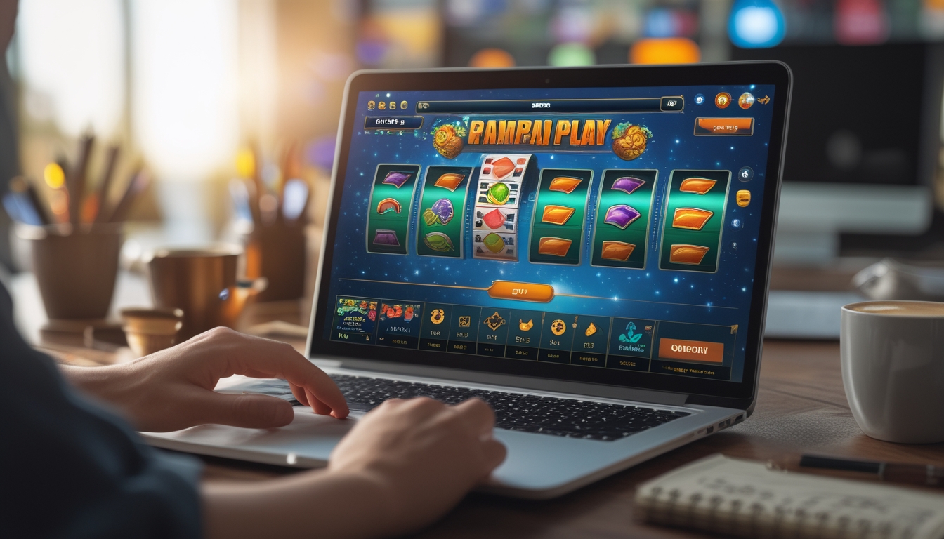 Seorang pemain sedang fokus pada layar komputer yang menampilkan permainan slot online dengan suasana kerja yang rapi dan nyaman.