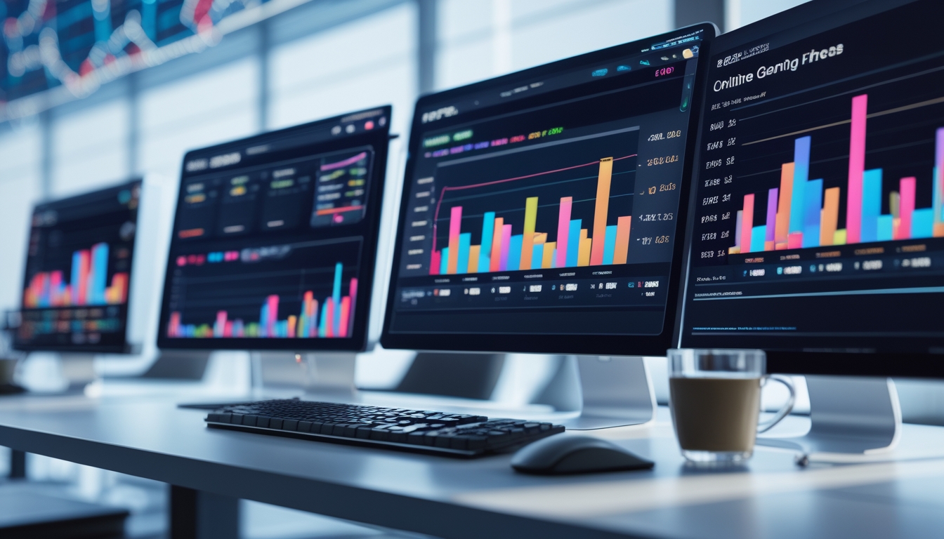 Meja kerja modern dengan beberapa monitor menampilkan grafik dan diagram dari berbagai provider slot online.