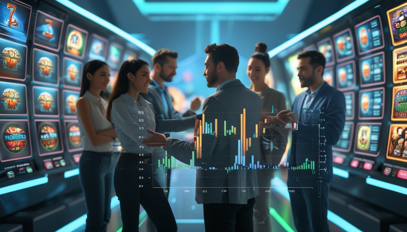 Orang-orang sedang menganalisis data dan grafik terkait permainan slot online di lingkungan gaming modern.