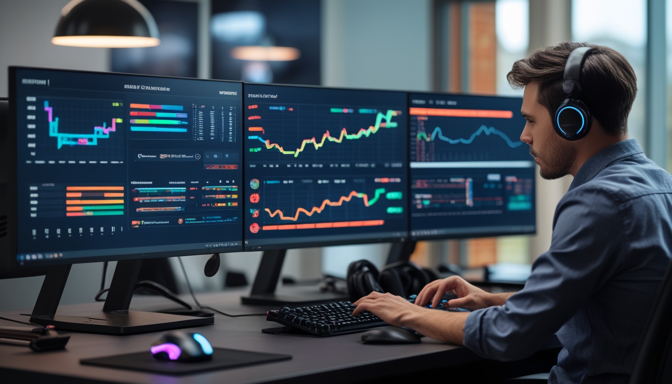 Seseorang sedang duduk di depan komputer dengan beberapa layar yang menampilkan grafik dan data terkait permainan online.
