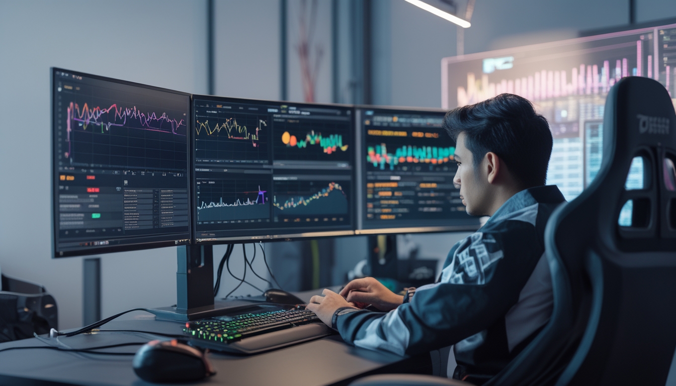 Seorang profesional sedang menganalisis data permainan online di depan beberapa layar komputer dengan grafik dan statistik.