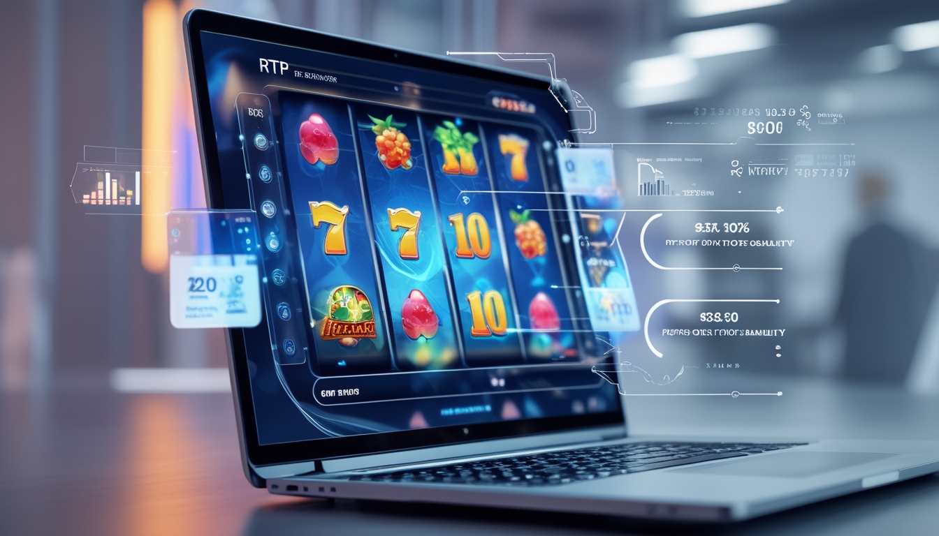 Layar komputer menampilkan permainan slot digital dengan simbol berwarna-warni dan grafik data yang melambangkan perhitungan RTP dalam permainan slot online.
