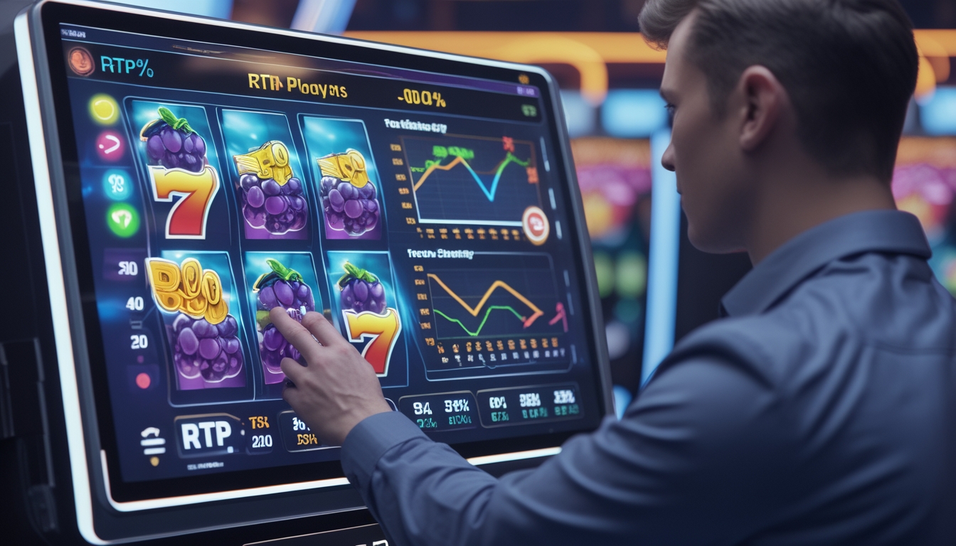 Seseorang sedang menggunakan layar sentuh dengan tampilan mesin slot digital dan grafik data di latar belakang teknologi modern.