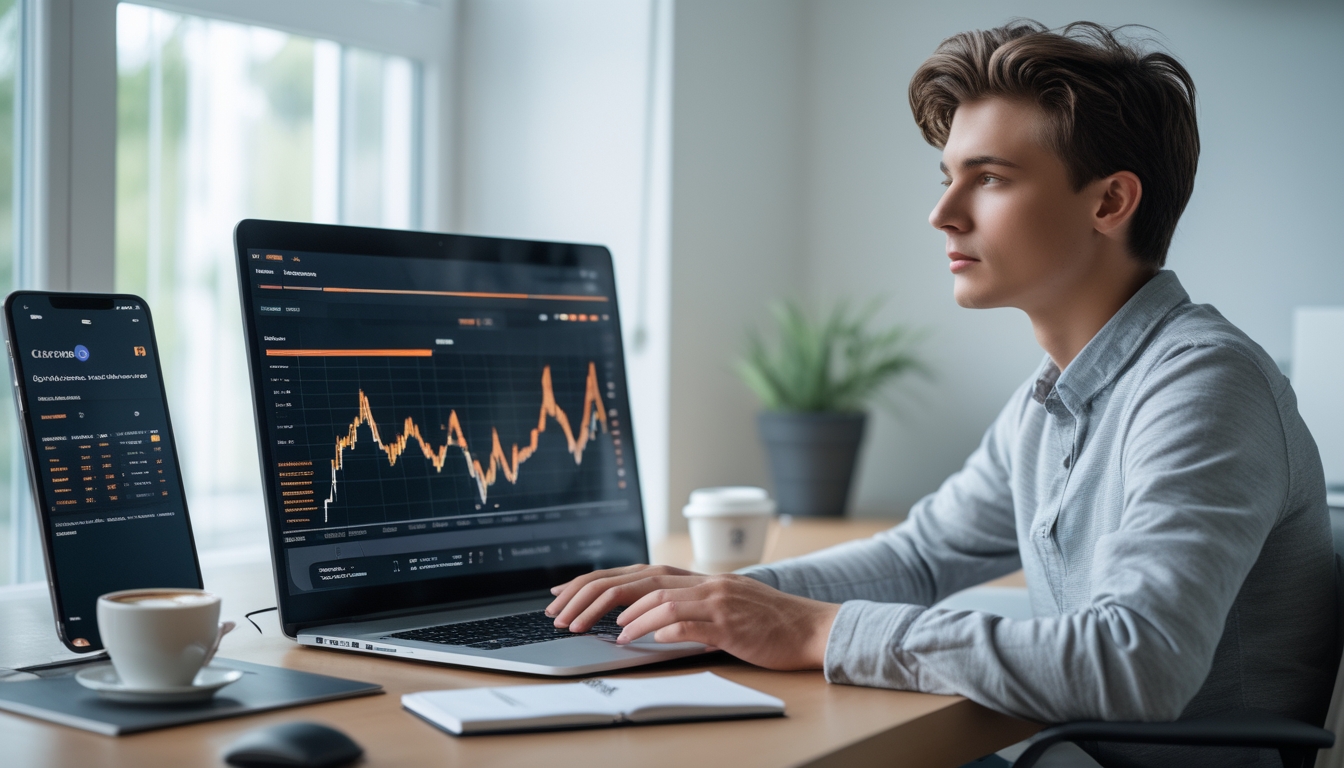 Seorang dewasa muda duduk di meja dengan laptop, fokus menganalisis data permainan online di ruang kerja yang terang dan rapi.