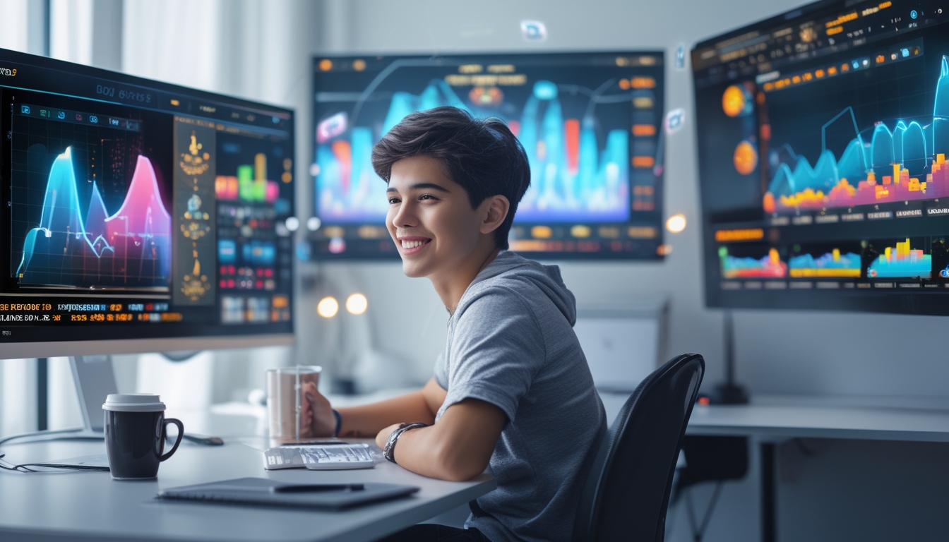 Seorang pemula duduk di depan komputer dengan layar menampilkan grafik RTP, terlihat fokus dan optimis dalam ruangan kerja modern.