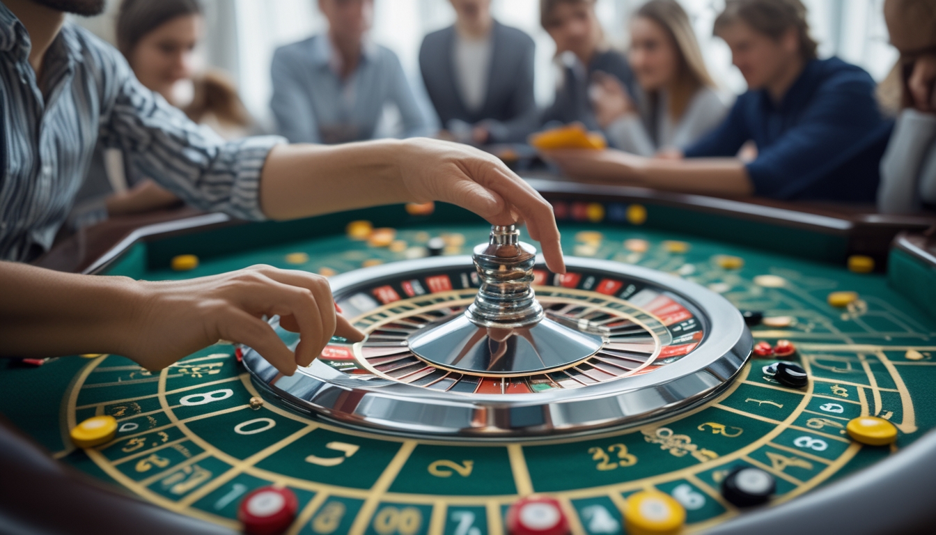 Orang-orang sedang belajar membaca pola angka pada meja permainan roulette dengan fokus dan antusiasme.