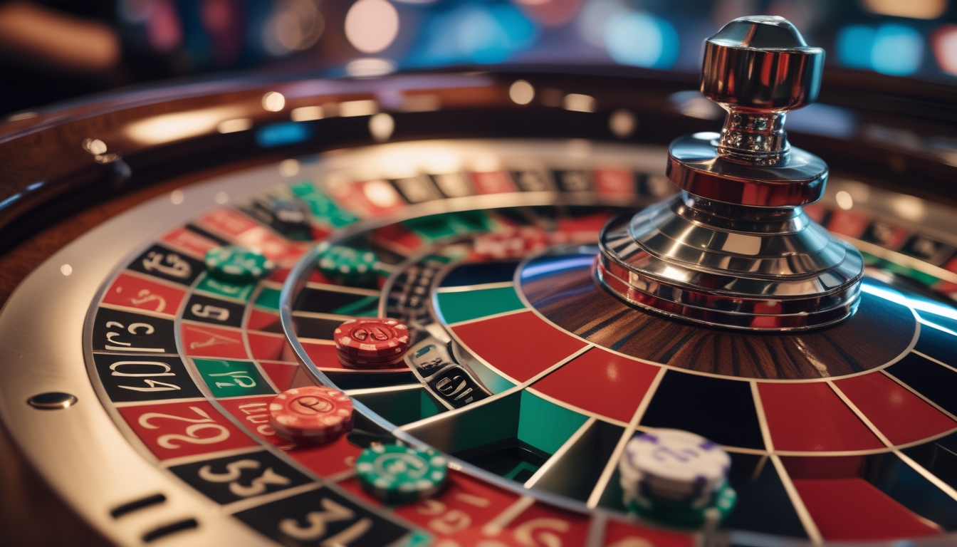 Meja roulette dengan roda roulette berputar dan beberapa chip ditempatkan pada angka di meja taruhan.