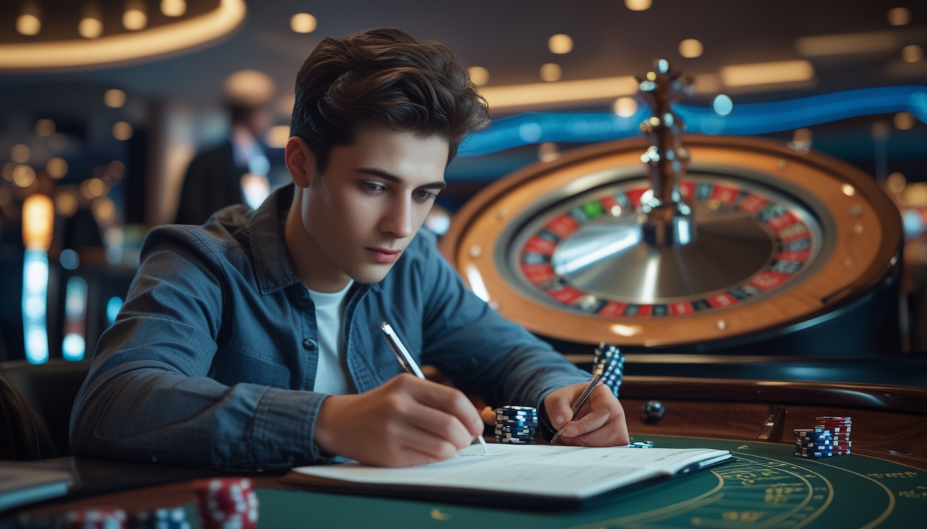 Seorang pemain pemula sedang menganalisis pola angka pada meja roulette di kasino.