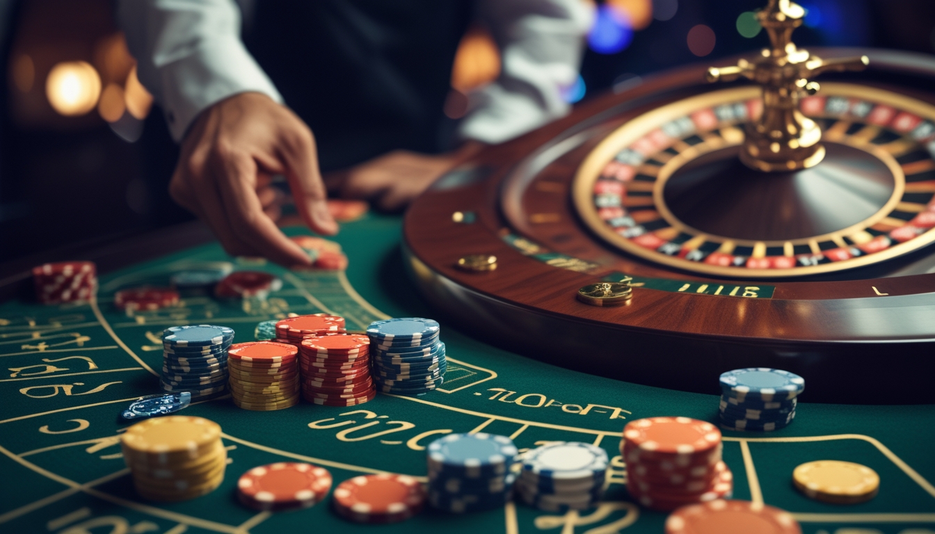 Pemandangan dekat roda roulette yang berputar dengan tumpukan chip taruhan di meja kasino dan tangan pemain sedang meletakkan chip.
