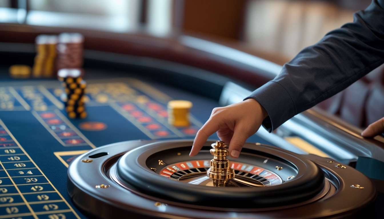 Seorang pemula sedang mempelajari pola angka pada meja roulette dengan tangan menunjuk ke roda roulette di kasino.